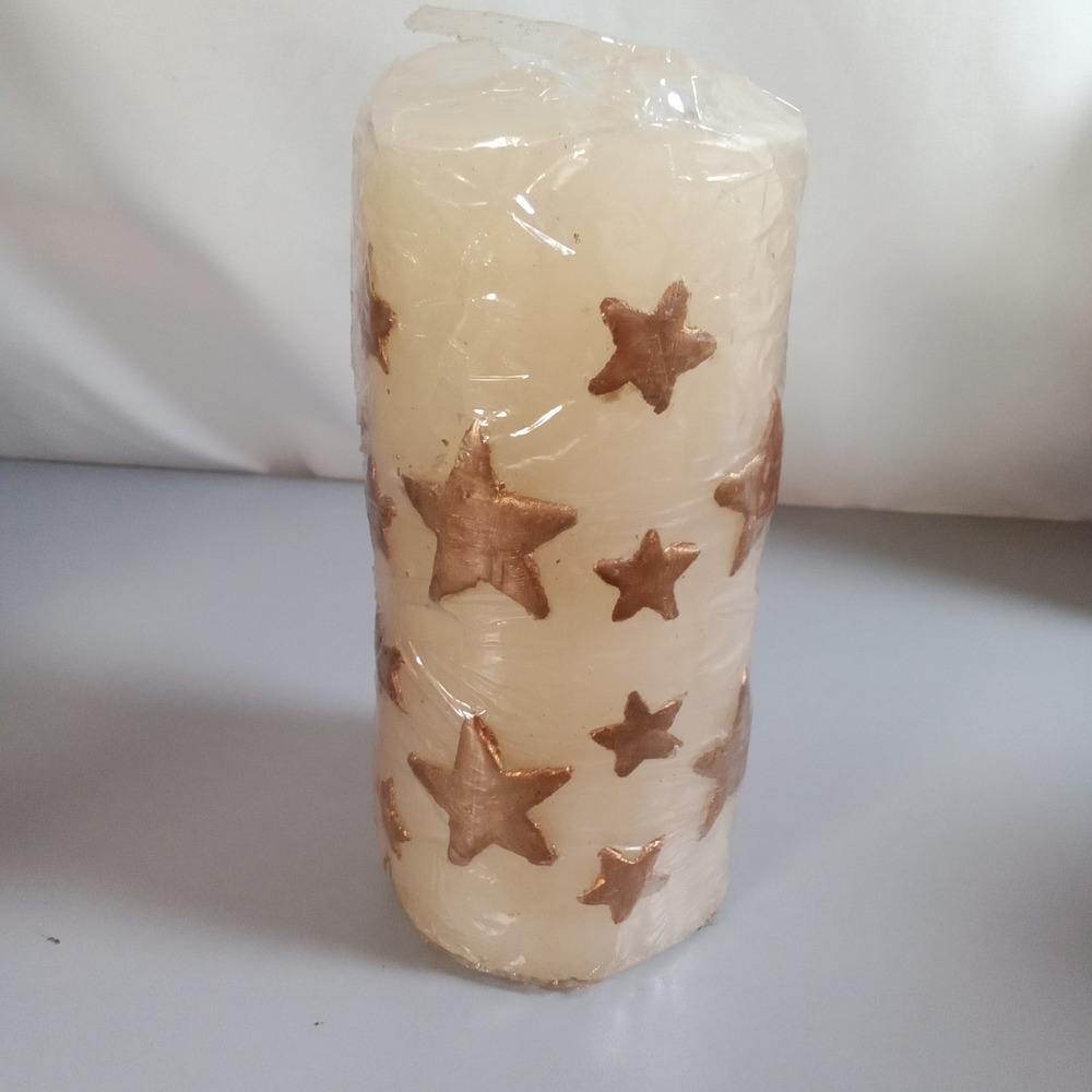 Cream Pillar Candle with Bronze Metallic Raised Stars Celestial Decor 6.5 Inch